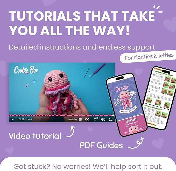 Cookie Box Crochet Kit for Beginners - Learn to Craft Amigurumi Stuffed Animals - Knitting Gift for Kids and Adults - Beginner-Friendly Yarn - Stitch-by-Stitch Video Tutorial - Jellyfish Jenny