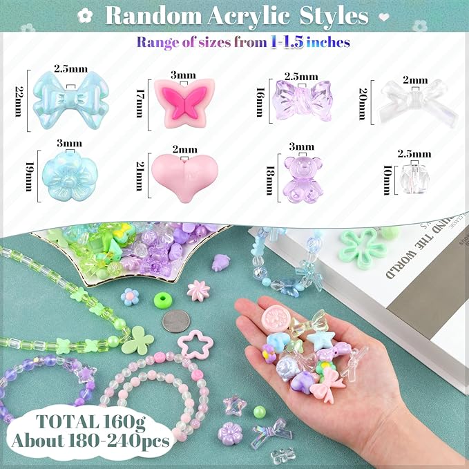 Assorted 180-240PCS Acrylic Beads for Bracelet Making, Flower Bow Butterfly Candy GummyBear Aesthetic Bracelet Charms,Cute Beads for Jewelry Making DIY Necklace Keychain Phone Charm