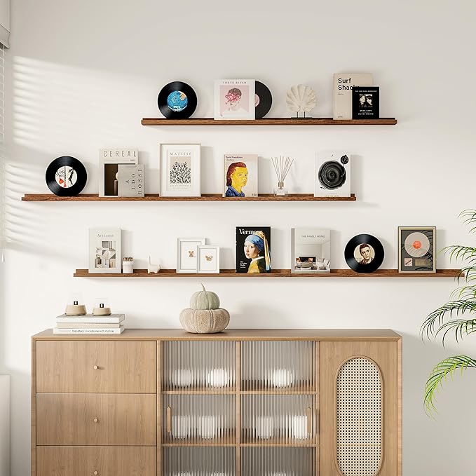 Floating Picture Ledge Shelves for Wall Set of 2, 84 Inches Picture Ledge Shelf with Long Large Nursery Book Shelf for Toys Storage Kids Bookshelf Wall Mounted Living Room Bedroom Decor Frames, Walnut