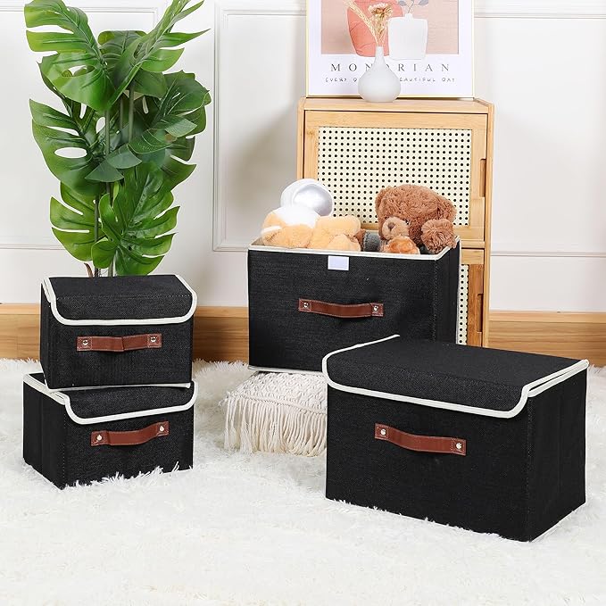 ANMINY Storage Bin with Lid Storage Boxes with PU Leather Handles PP Plastic Board Decorative Foldable Lidded Cotton Linen Fabric Home Cubes Baskets Closet Organizer Container - Black, Small Size