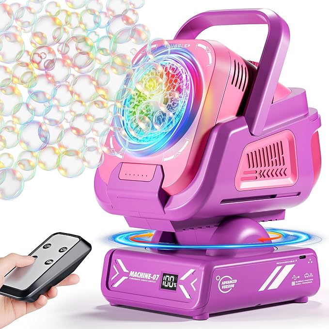 2025 Upgraded Bubble Machine with Remote Control, Automatic Rotation & RGB Lights, 1800mAh Rechargeable Battery, Type-C Charge, Bubble Maker for Kids, Weddings, Birthday Parties, Outdoor Activities