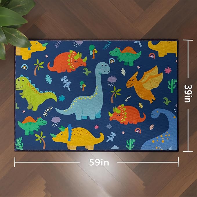 Cute Cartoon Dinosaur Rug for Boys Bedroom 59"x39" Bedroom Playroom Decor for Kids Lovely Dinosaur Animal Pattern Carpet Blue Rug Non-Slip Washable
