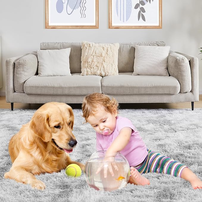 6x9 Area Rugs for Living Room, Fluffy Shaggy Bedroom Rug Indoor Carpet, Anti-Skid Soft High Pile Rug for Nursery, Kids Room, Bedside, Home Decoration, Tie-Dyed Light Grey