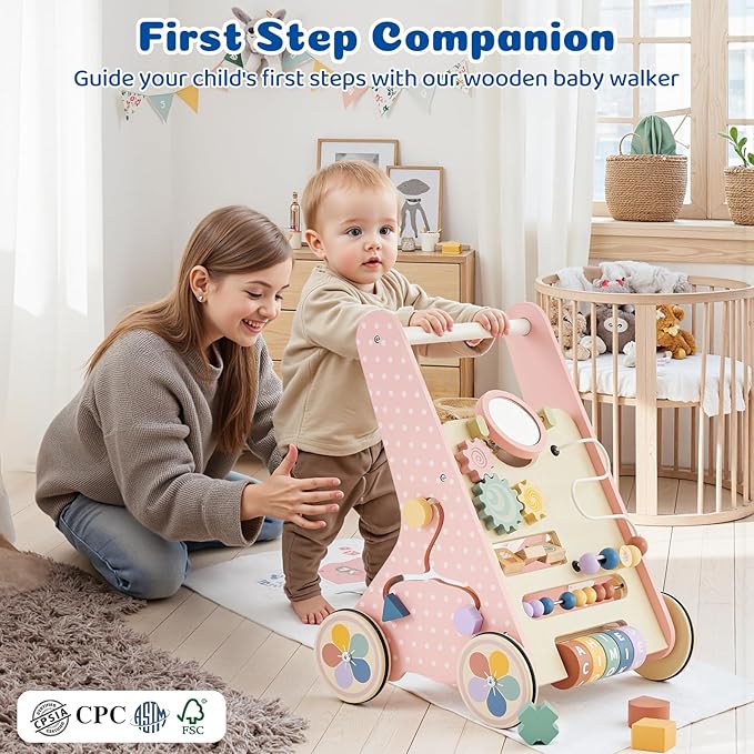 Baby Push Walker for Baby Boy 6-12 Months, Wooden Baby Walker Push Toy, Learning to Walk, Baby Walkers for Girls, Montessori Walker Toy with Wheels