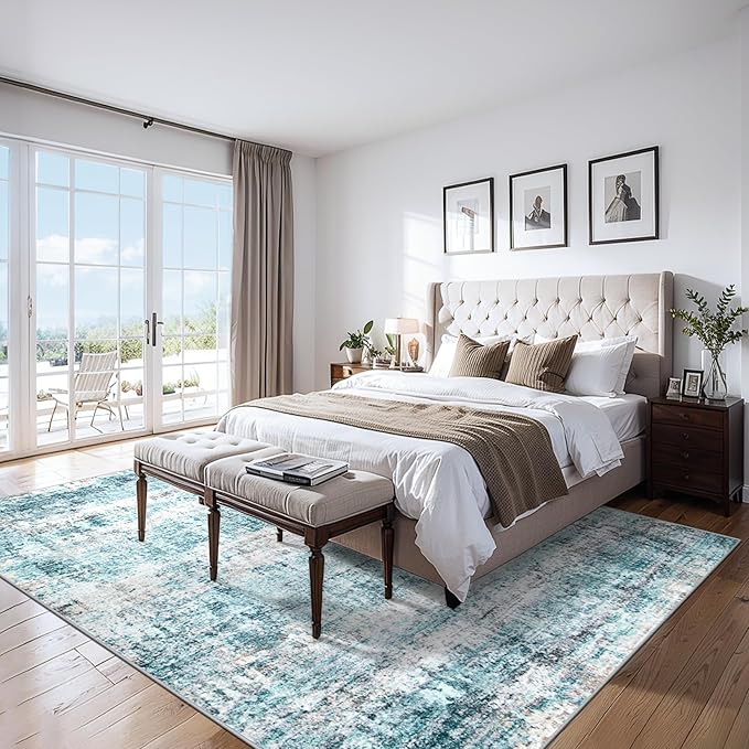 Area Rugs Living Room Rug - 4x6 Washable Modern Abstract Soft Neutral Non-Slip Carpet Large Indoor Floor Thin Carpets for Bedroom Dining Room Farmhouse Nursery Home Office Green