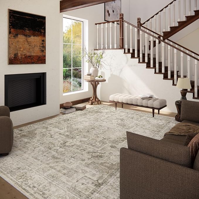 Washable Area Rugs for Living Room: 9x12 Bedroom Area Rugs Boho Vintage Rugs Stain Resistant Non Slip Low Pile Soft Lightweight Carpet for Kitchen Dining Room Farmhouse Nursery Kids Room Home Office