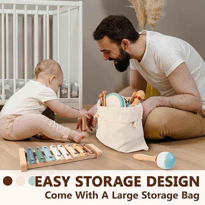 Baby Musical Instruments | Montessori Wooden Toys for Toddlers, Neutral Color Percussion Instruments Set with Modern Boho Xylophone Tambourine, Educational Musical Toys for Boys Girls 3+