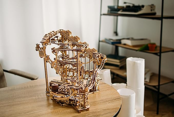 Wood Trick Wooden Marble Run Spiral Electric Motorized - Wooden 3D Puzzles for Adults and Kids to Build - 13x13 - Roller Coaster Mechanical Wooden Model Kits for Adults and Teens to Build
