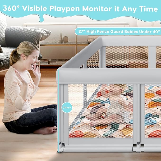 74" ×50" Large Baby Playpen, Baby Playard for Babies and Toddlers, Play Pens for Indoor & Outdoor, Sturdy Safety Play Yard with Soft Breathable Mesh, Anti-Fall, Grey (with MAT)