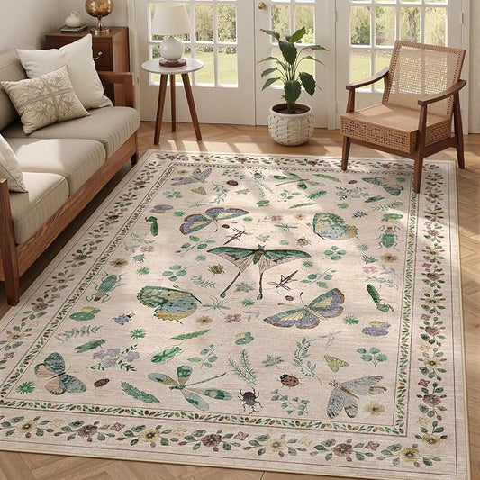 5x7 Washable Area Rug with Insect Print - Bug Rug Non-Shedding Stain Resistant Soft Carpet for Bedroom, Low Pile Ultra-Thin Machine Washable Carpet for Dining Room, Kids Nursery, Office (5'x7' Beige)