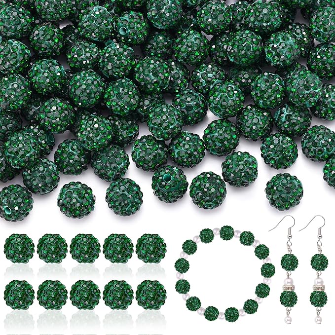160pcs 10mm Rhinestone Beads for Jewelry Making, Dark Green Shiny Round Disco Ball Beads Bulk, Sparkle Crystal Clay Christmas for Bracelet Baseball Necklace Earring Crafting and DIY
