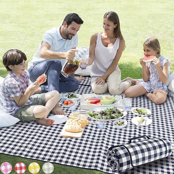 ZAZE Picnic Blankets Machine Washable, 80''x80'' Extra Large Waterproof Sandproof Foldable Compact Beach Blanket, Oversized XL Outdoor Mat for Spring Summer Camping, Park, Travel Grass(Blue and White)
