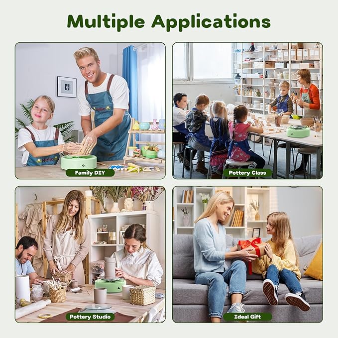 Alldeer Mini Pottery Wheel Machine - 6" Upgraded Clay Wheel for Beginners & Kids, 75W Motor, Adjustable Speed, Low Noise Ceramic Making Kit with 18PCS Sculpting Tools, Ideal for Home DIY (Green)