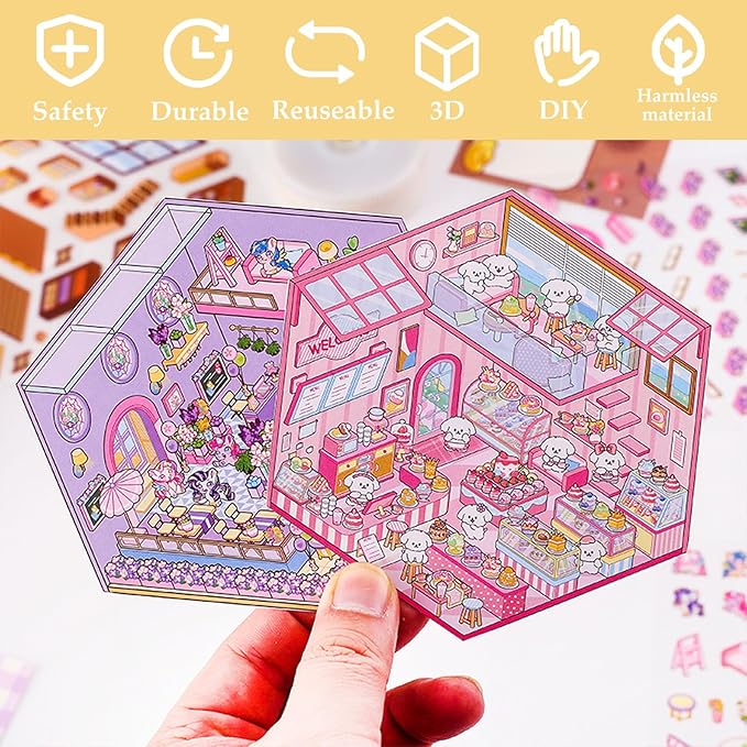 4 Sets DIY 3D House Sticker Make Your Own Mini Flower Shop, Bookstore, Cake Shop, Burger Shop Scenes Stickers for Kids Cartoon Scene Stickers for Adult Relief Stress Pass The Time