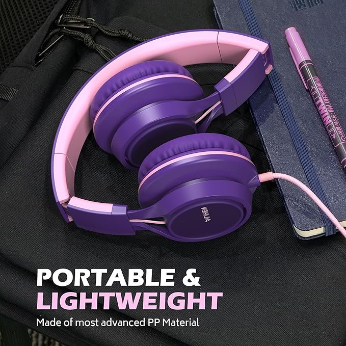 AILIHEN C8 Girls Headphones, On-Ear Headphones Wired with Microphone and Volume Control Foldable Corded Stereo 3.5mm Headset for Girls School Chromebook Laptop Computer PC Tablets Travel (Purple Pink)