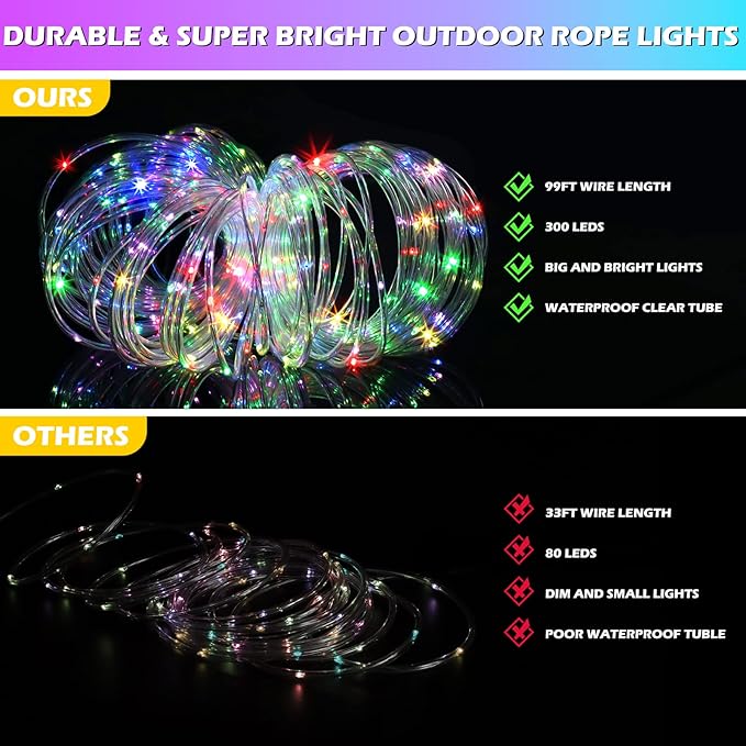 Color Changing Rope Lights 99FT 300 LED Outdoor, String Lights with Plug & Remote | Twinkle Christmas Indoor Bedroom, Waterproof Christmas Lights Outdoor, Rope Lights for Outside,16 Colors