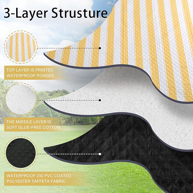 HX&OD Outdoor Picnic Blanket Extra Large, 80''*60'' Waterproof Picnic Mat with Stakes Foldable Camping Blanket Portable with Carry Strap for Beach Mat (Green& White, 80''*60'')