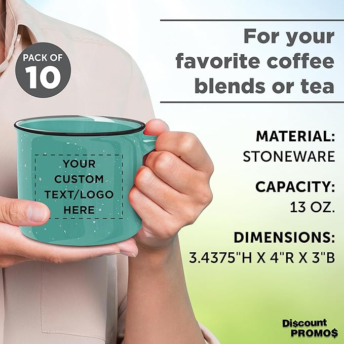 DISCOUNT PROMOS Custom Ceramic Campfire Coffee Mugs 13 oz. Set of 10, Personalized Bulk Pack - Perfect for Tea, Espresso, Cappuccino, Hot Cocoa - Mint