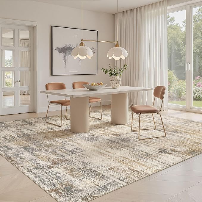 Area Rug for Living Room: 10x14 Washable Neutral Abstract Modern Soft Rugs Non Slip Indoor Floor Stain Resistant Large Carpet for Bedroom Dining Room Office Nursery - Golden Brown