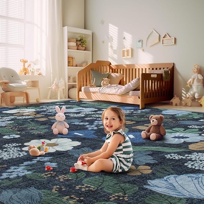 9x12 Area Rug for Living Room: Vintage Floral Washable Rug Soft Boho Non Slip Carpet Large Indoor Floor Non Shedding Low Pile Thin Carpets for Bedroom Dining Room Farmhouse Nursery Home Office Blue