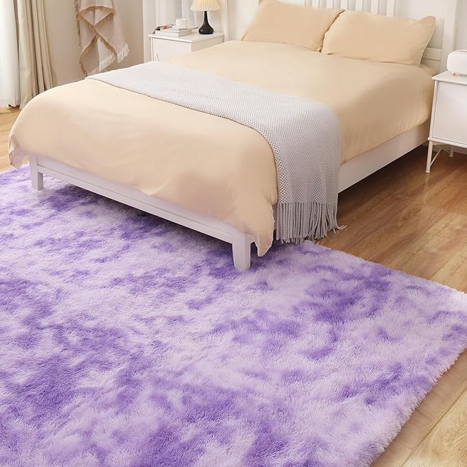 Area Rugs 9x12, Fluffy Rugs for Living Room, Ultra Soft Rugs for Bedroom, Non-Slip Indoor Carpet for Nursery, Kids Room, Playroom, Home Decor, Tie-Dyed Purple