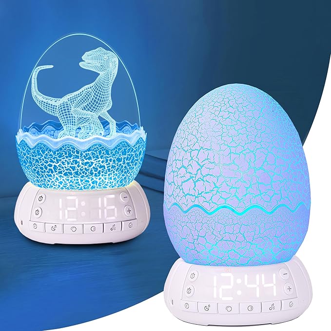Dinosaur Egg Shape Touch Control Night Light with Pattern Inside, Digital Alarm Clock with Wake Up Light, 20 Soothing Sleep Training Sound and Bluetooth Speaker Box (2025 Style)