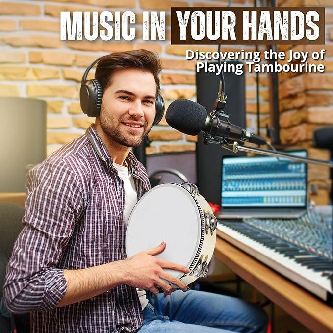 Flexzion Wooden Round Tambourine for Kids and Adults 8" Inch Single Row 8 Pair Jingles, Wood Handheld Percussion Instrument for Beginner and Professional Tambourine Player