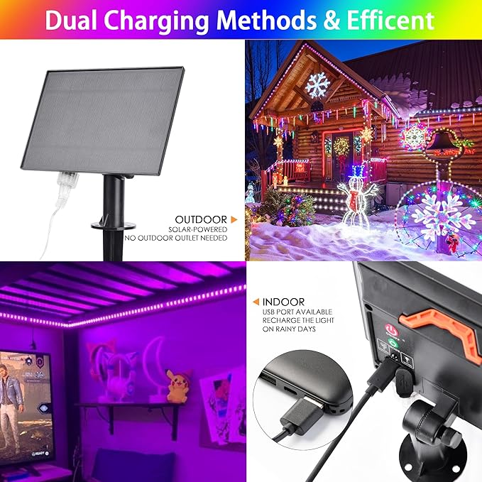 66FT Solar Rope Lights Outdoor Waterproof, 18 Colors Changing 200 LED String Light USB & Solar Powered with Remote, Tube Light Fairy Lighting for Outside Patio Fence Pool Christmas Decor