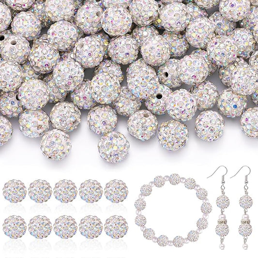105pcs 10mm Rhinestone Beads for Jewelry Making, Crystal AB Shiny Round Disco Ball Beads Bulk, Sparkle Crystal Clay Christmas for Bracelet Baseball Necklace Earring Crafting and DIY