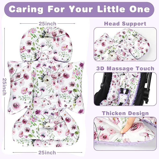 3-in-1 Infant Car Seat Insert, Soft Head and Body Support,Ultra & Strap Covers Set, Reversible Newborn Car Seat Cushion Pad for Baby Boy & Girl fits Stroller, Swing, Bouncer (Purple Flowers)