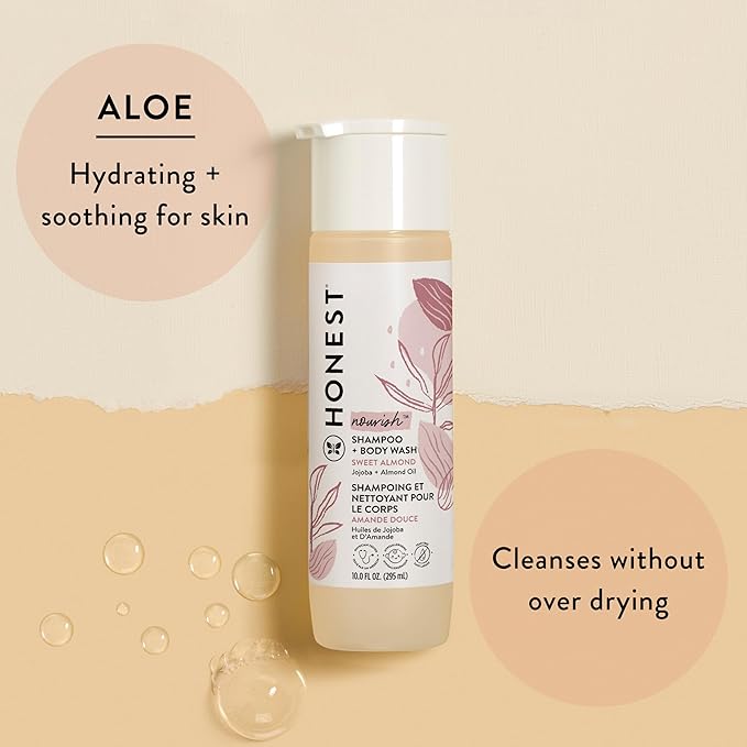 The Honest Company 2-in-1 Cleansing Shampoo + Body Wash and Face + Body Lotion Bundle | Gentle for Baby | Naturally Derived | Sweet Almond Nourish, 18.5 fl oz