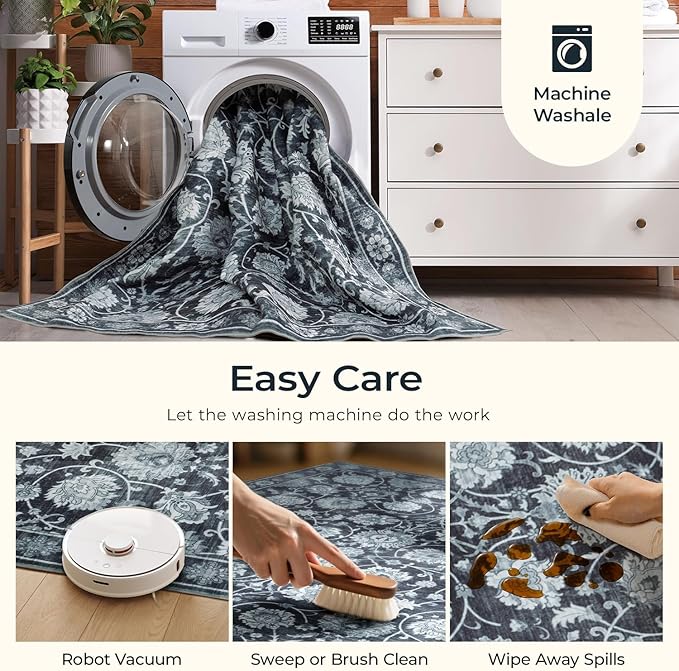 6x9 Area Rug for Living Room & Bedroom, Washable Non-Slip Vintage Distressed Rugs, Floral Soft Carpet, Low Pile Wool Carpets for Indoor Dining Home Office Playroom Under Table, Black