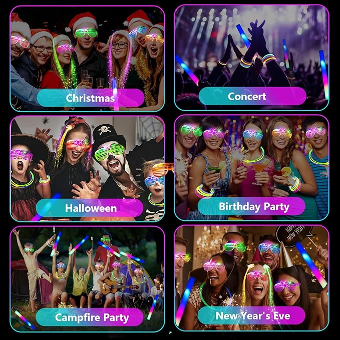 148 PCS Glow in the Dark Party Supplies, 16PCS Foam Glow Sticks, 16PCS LED Glasses,100PCS Glow Sticks Bracelets and 16Pcs LED Hair Clips Fiber Optic for Glow Party, Wedding, Halloween Party