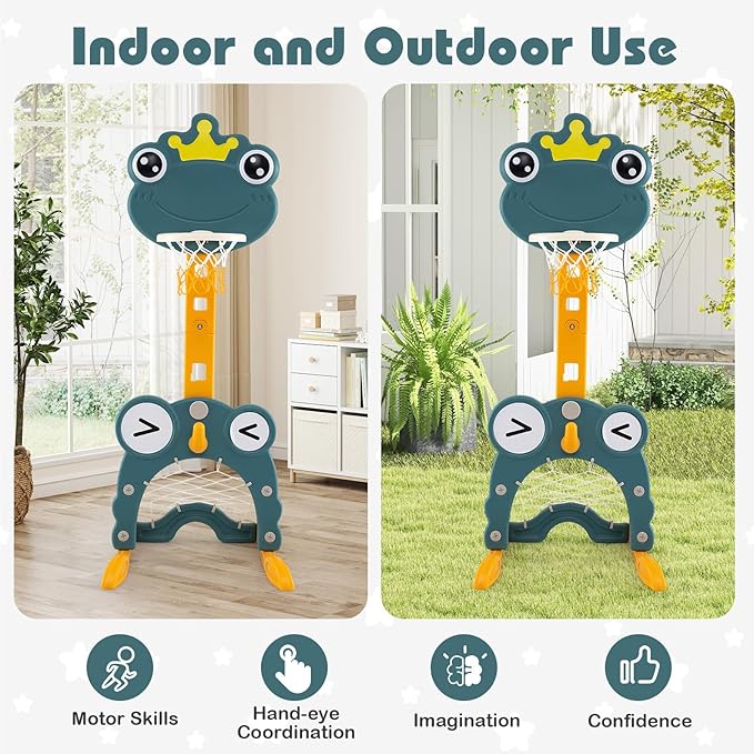 Costzon Toddler Basketball Hoop, 4-in-1 Kids Sports Activity Center with Rim, Soccer Goal, Golf, Ring Toss, Height Adjustable Kids Basketball Hoop with Fillable Base for Indoor Outdoor (Green Frog)