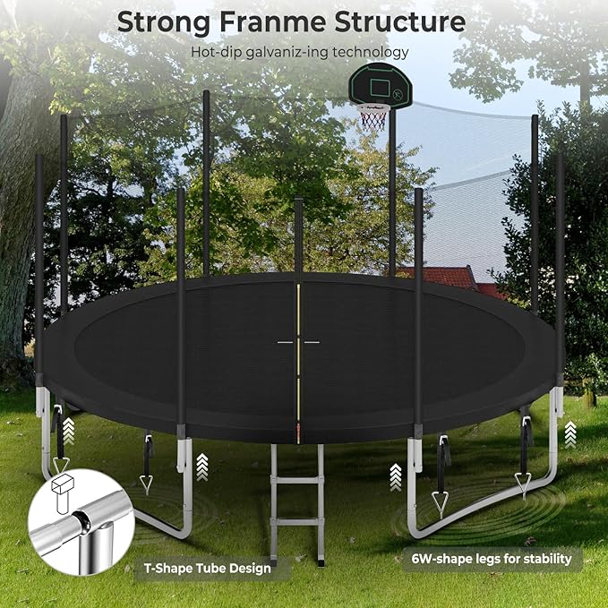 Upgraded 16FT 15FT 14FT 12FT 10FT 8FT Trampoline Outdoor with Basketball Hoop and Net, Capacity for 4-6 Kids and Adults