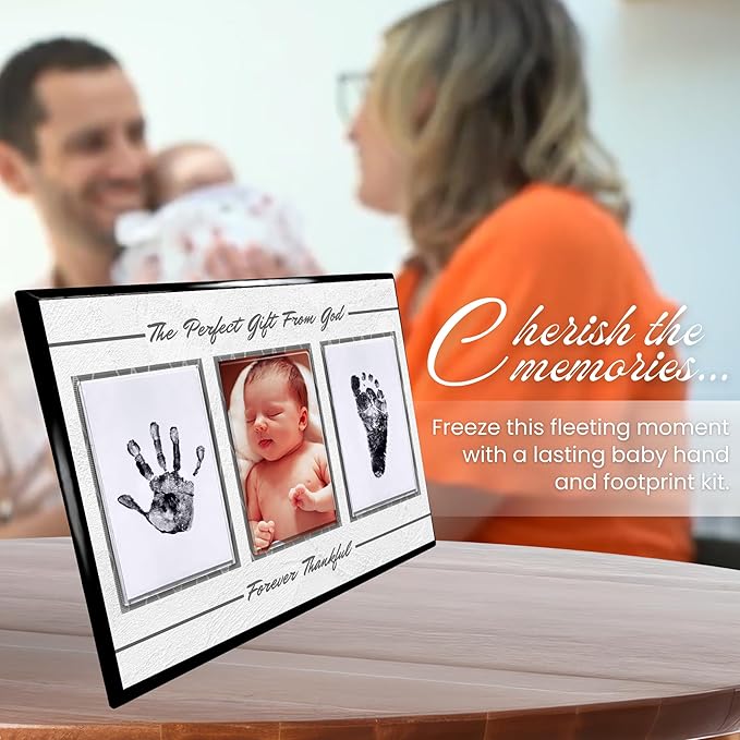 Baby Hand and Footprint Kit with Photo & Birth Details, Inkless Hand and Footprint Kit, Newborn Keepsake Plaque, Baby Shower Gifts (STYLE 2 (Baby Shower) (Gift From God))