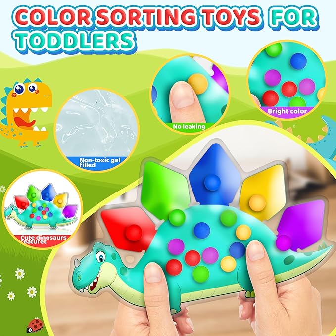 4PC Dinosaur Color Sorting Sensory Toys, Montessori Toys for Toddler Fine Motor Skill Game Learning Activities Quiet Calm Down Fidgets for Classroom Stocking Stuffers for 3 4 5 Year Old Kid Travel Toy