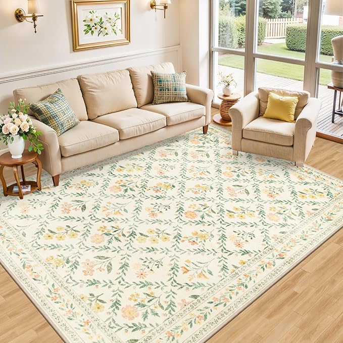 Area Rug Living Room Rugs: Floral 4x6 Washable Rug Vintage Soft Boho Non-Slip Carpet Stain Resistant Large Carpets for Bedroom Dining Room Farmhouse Nursery Hallway Home Office Beige/Multi