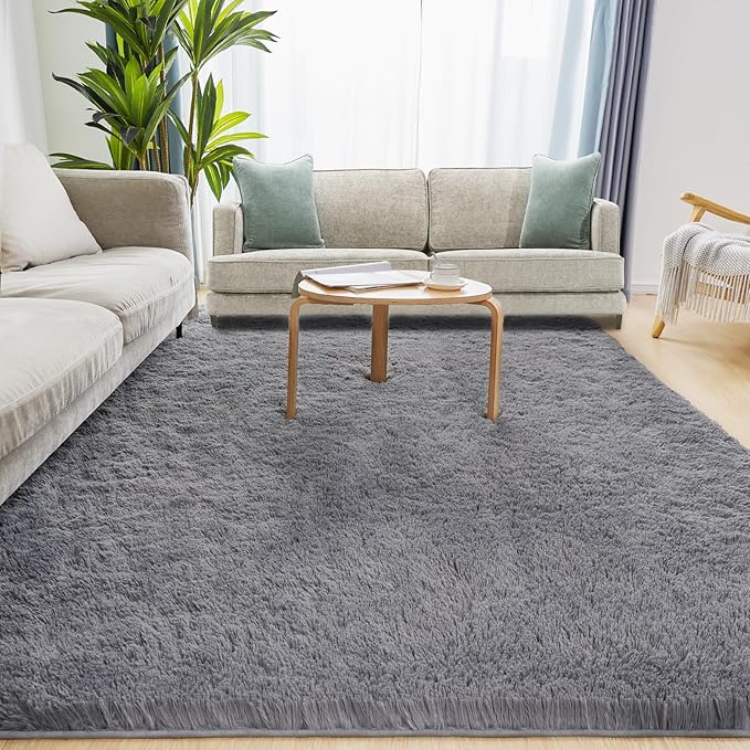 9x12 Grey Fluffy Plush Area Rug, Ultra Soft Bedroom Rug Indoor Carpet, Anti-Skid High Pile Luxury Rugs for Nursery, Kids Room, Playroom, Home Decoration