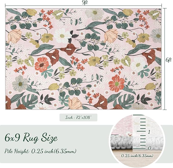 Area Rug Living Room Rugs: 6x9 Washable Rug Vintage Floral Soft Boho Non Slip Carpet Indoor Floor Non Shedding Low Pile Thin Carpets for Bedroom Dining Room Farmhouse Nursery Home Office Light Pink