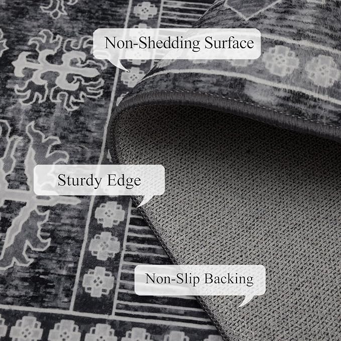 Washable 6x9 Area Rug for Living Room, Carpet for Bedroom Dining Room, Non Slip&Non-Shedding Resistant Low Pile Vintage Print Rug for Home Office (Grey)