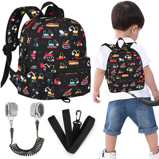 Accmor Toddler Backpack Harness with Leash, Cute Baby Backpacks with Anti Lost Wrist Link, Mini Kids Backpack Tether Walking Harness for Travel Outdoor, Black Excavator Backpack Tether for Boys Girls