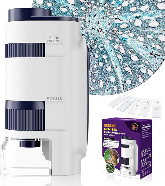 Handheld Portable Pocket Microscope for Kids - BEBANG 135x Mini Lab Kids Microscope with 5 Prepared Slides LED Portable Microbiological Observation Miniscope Tool for Science Exploration