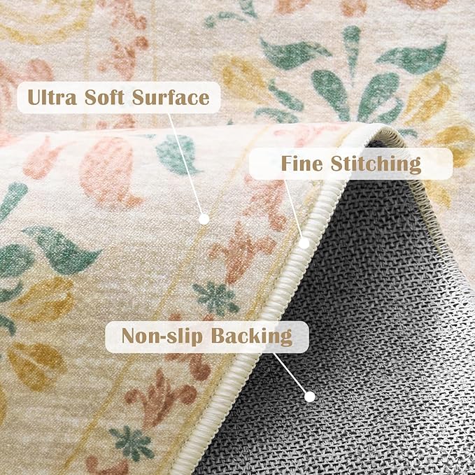 jinchan Round Rug 8ft Area Rugs,Vintage Floral Distressed Design Machine Washable Soft Non-Slip Low-Pile Ultra-Thin Circle Rug for Living Room Dining Room Bedroom Home Office (8' Round,Apricot Multi)