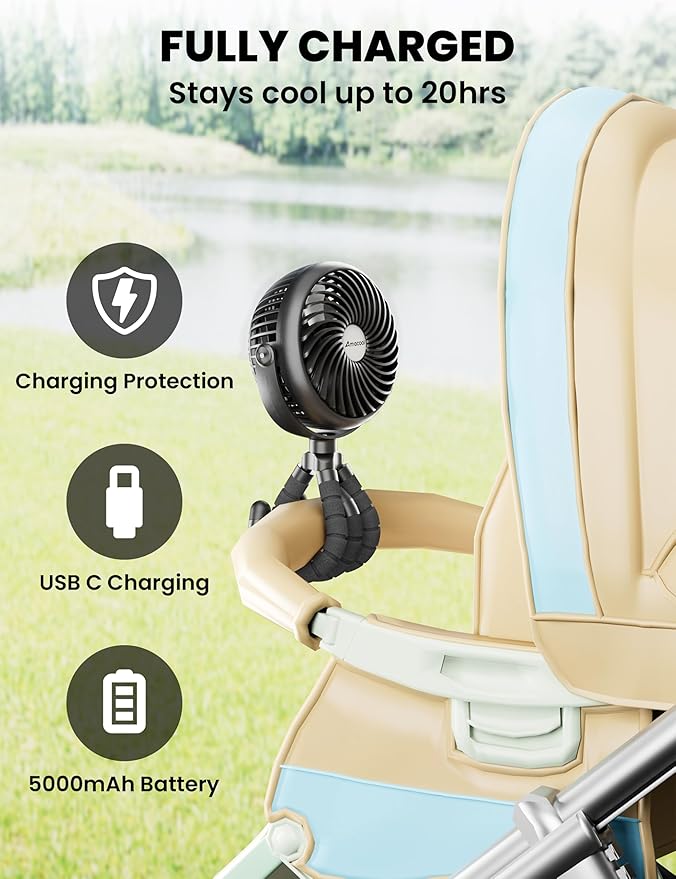 AMACOOL Baby Stroller Fan - 5000mAh Rechargeable, 3-Speed, Strong Yet Quiet, 360°Rotate Portable Clip on Fan for Travel, Car Seat, Crib, Bike, Treadmill, Beach Vacation Essentials