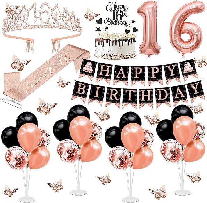 16th Birthday Decorations for Girls - 56pcs Rose Gold Happy 16th Banner, 16th Birthday Crown Sash, Cake Topper, Number 16 balloons, 3D Butterflies, 4 Balloon Stands kits