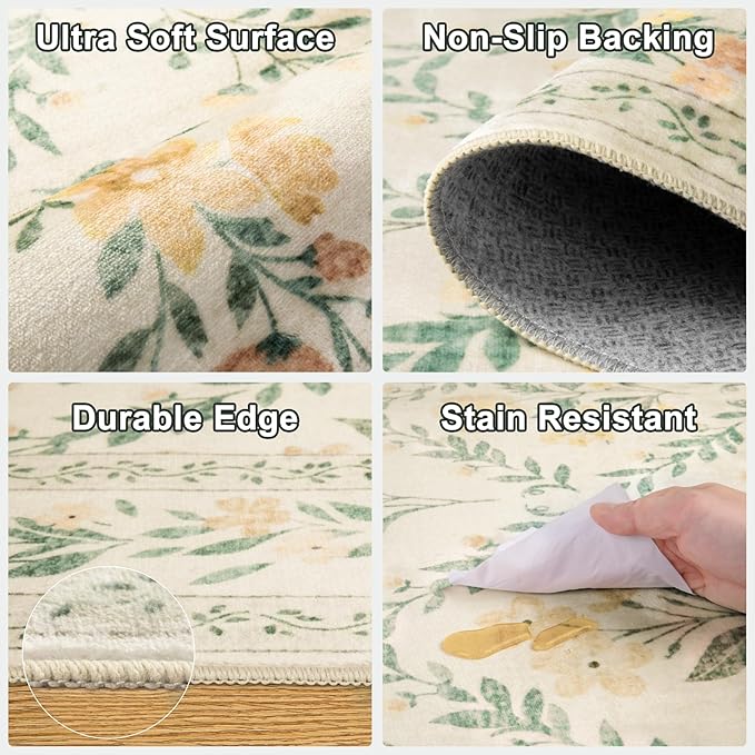 Runner Rug for Entryway: 2x10 Kitchen Rugs Non Slip Washable Ultra-Thin Soft Floral Carpet Indoor Floor Stain Resistant Carpets for Hallway Bedroom Kitchen Laundry Bathroom Dorm Beige/Multi