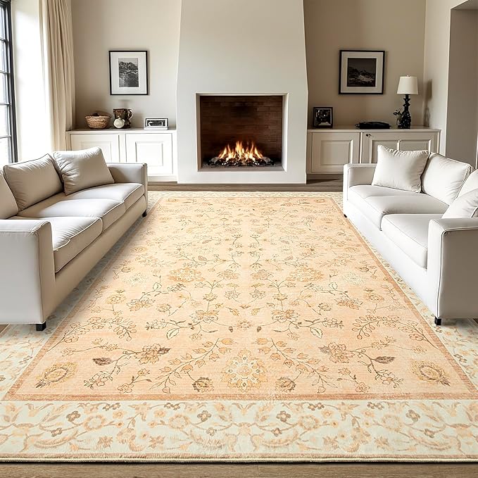 LOCHAS Washable Area Rugs 6x9, Peach Floral Rug for Living Room Bedroom Non Slip, Ultra Soft Vintage Indoor Carpet for Kids, Nursery, Dorm, Dining Room, Classroom, Boho Flower Home Decor, Low-Pile