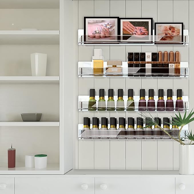 4 Pack 15 Inch Clear Acrylic Shelves, Clear Kids Floating Bookshelf for Kids Room, Modern Nail Polish Rack Sunglasses Essential Oil Picture Ledge Display Toy Storage Wall Shelf