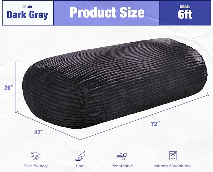 Hobestluk 6FT Bean Bag Chairs Adult Bean Bag with Portable Handle Comfy Large Bean Bag Lounge Chair with Removable Cover for Living Room Bedroom (Stripe Dark Grey, 6FT)